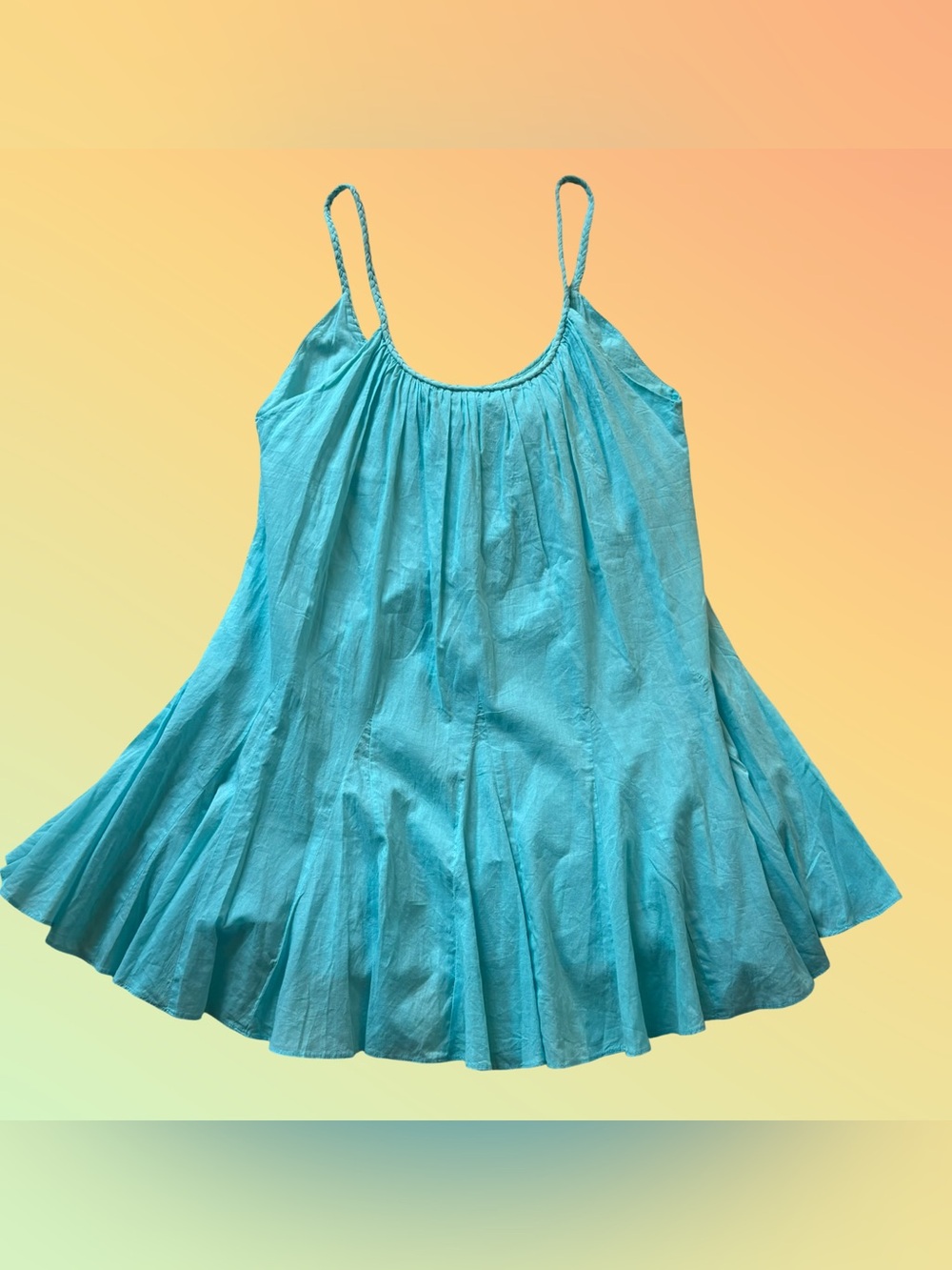 Alice + Olivia Raina Godet Spaghetti Straps Mini Sun Dress Aqua Blue Cotton